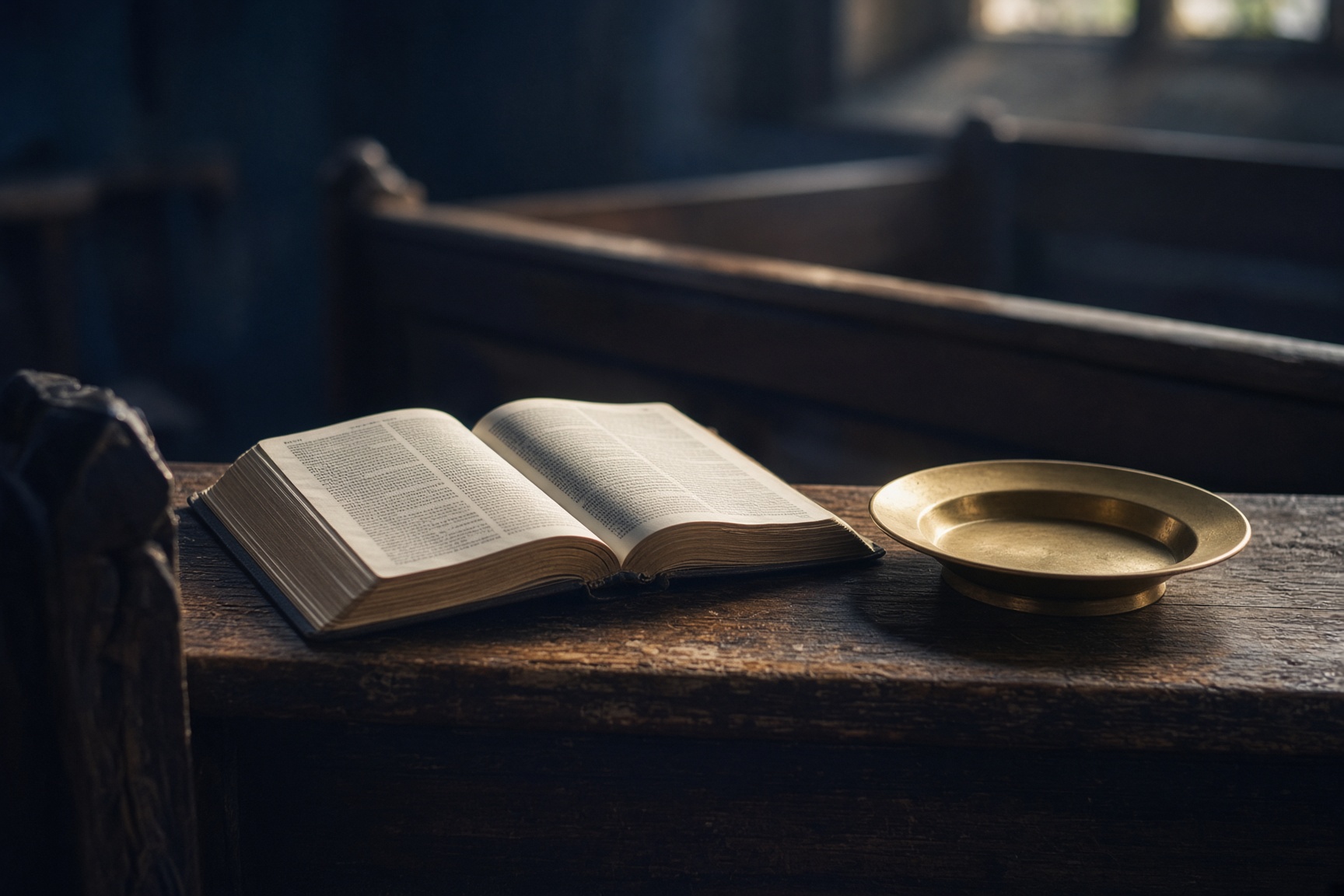 An open Bible and offering plate on a wooden pew