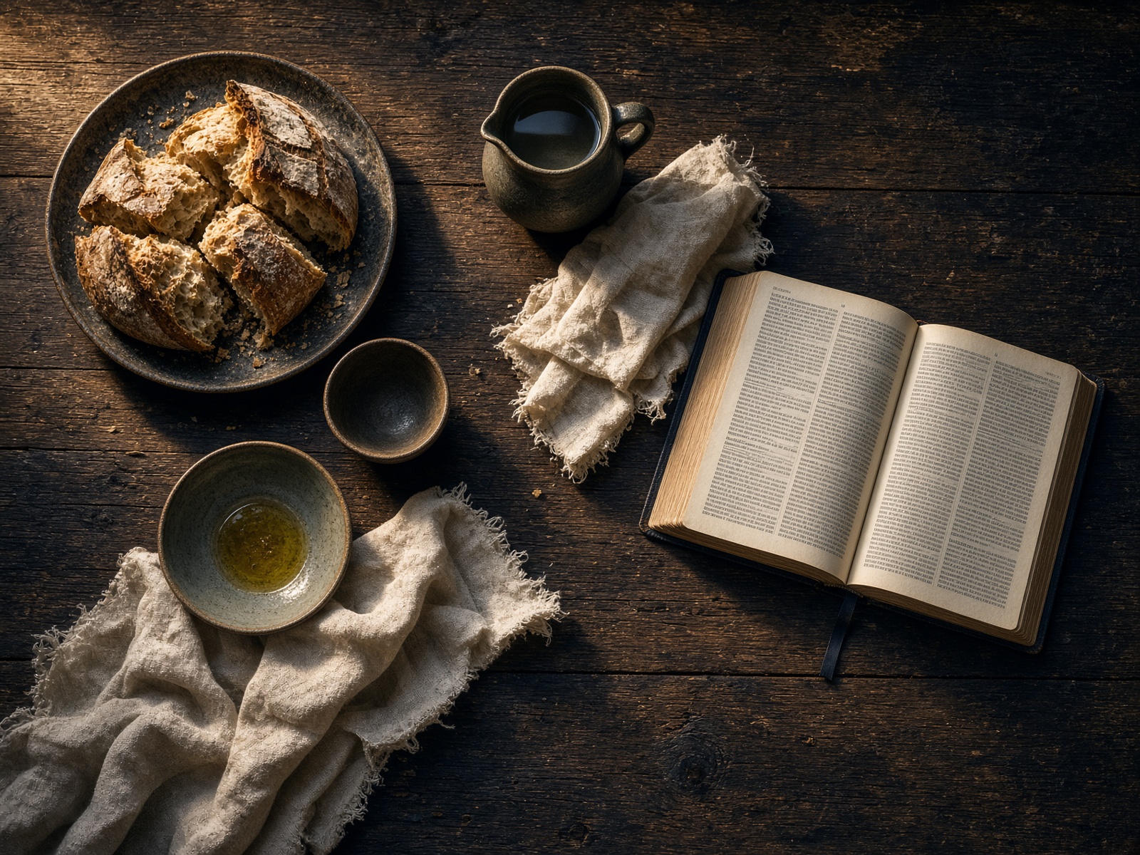 A shared table set with bread and an open Bible