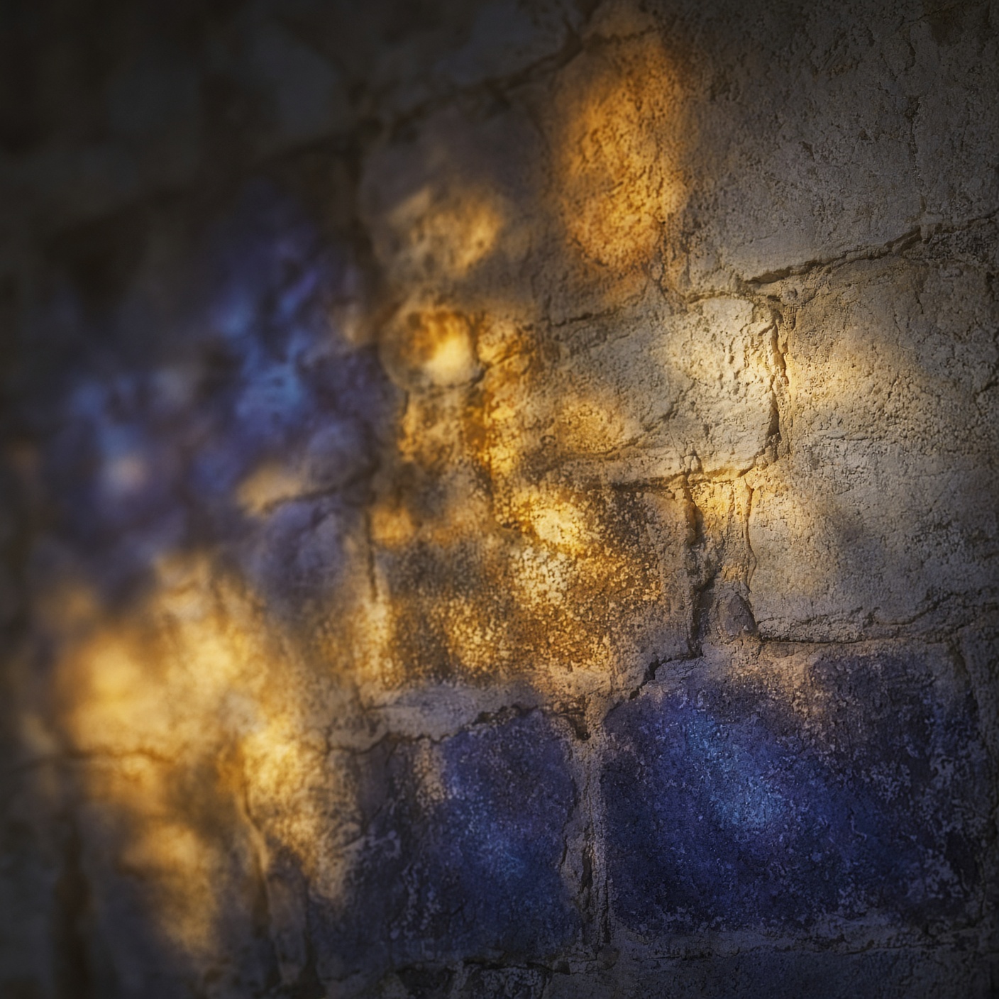 Gold and navy light across a chapel wall
